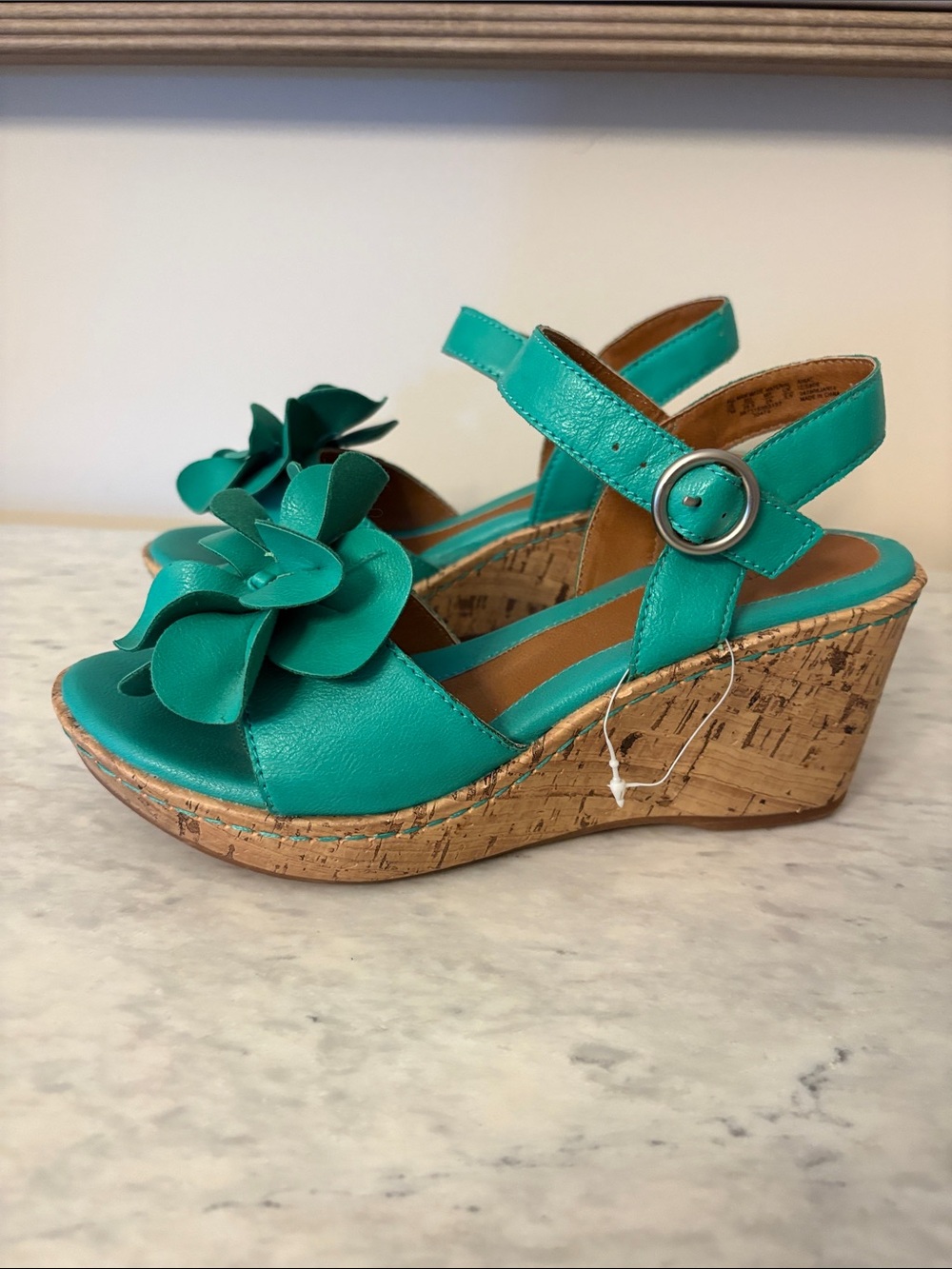 Jaclyn Smith Teal Floral Cork Wedge Sandals size 7 NNT - Picture 2 of 9